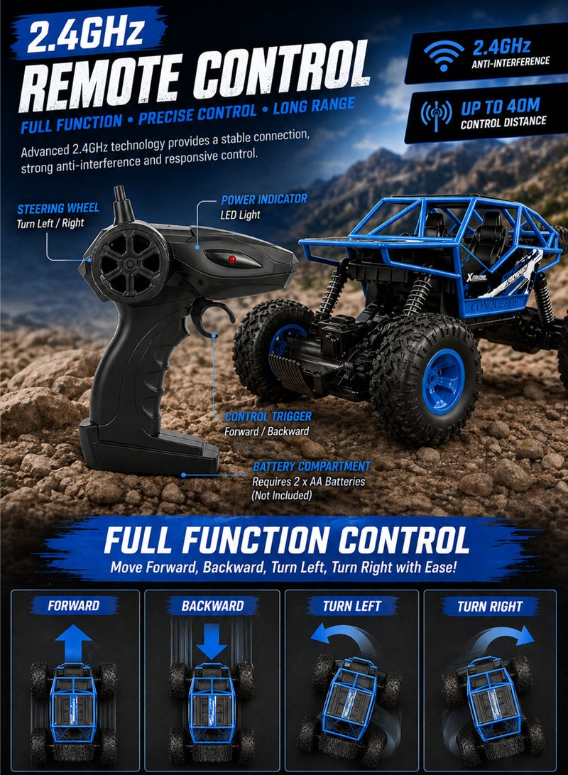 FUNSTERZ Storm Striker Rechargeable 1:16 Scale RC Rock Crawler Off Road Remote Control Car 2.4GHz Full Function 4WD Four Wheel Drive BigFoot Monster Truck Climbing Buggy with Big Grip Tires Spring Shock Suspension High Torque Motor USB Charging Battery All Terrain Racing Toy for Sand Mud Rocks Desert Mountains Indoor Outdoor Play Kids Boys Girls Age 6+ - Image 4