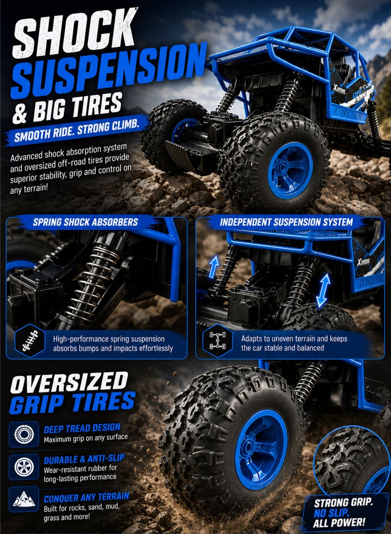 FUNSTERZ Storm Striker Rechargeable 1:16 Scale RC Rock Crawler Off Road Remote Control Car 2.4GHz Full Function 4WD Four Wheel Drive BigFoot Monster Truck Climbing Buggy with Big Grip Tires Spring Shock Suspension High Torque Motor USB Charging Battery All Terrain Racing Toy for Sand Mud Rocks Desert Mountains Indoor Outdoor Play Kids Boys Girls Age 6+ - Image 3
