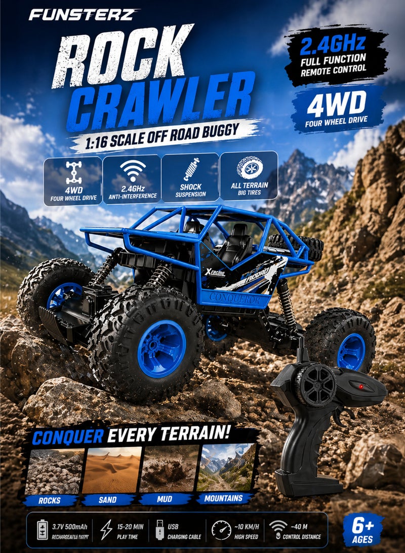 FUNSTERZ Storm Striker Rechargeable 1:16 Scale RC Rock Crawler Off Road Remote Control Car 2.4GHz Full Function 4WD Four Wheel Drive BigFoot Monster Truck Climbing Buggy with Big Grip Tires Spring Shock Suspension High Torque Motor USB Charging Battery All Terrain Racing Toy for Sand Mud Rocks Desert Mountains Indoor Outdoor Play Kids Boys Girls Age 6+ - Image 1