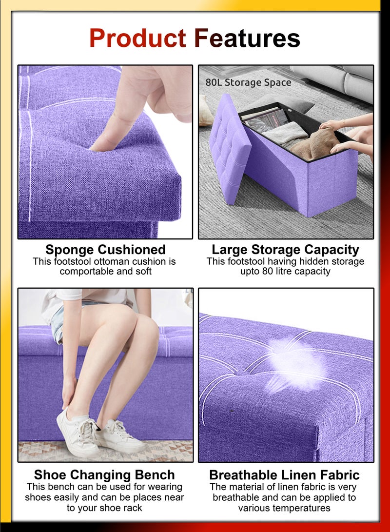 DBLEW Linen 76x38x38cm Foldable Ottoman Storage Bench Cube Boxes Footrest Shoe Changing Step Stool Padded Seat For Bedroom Hallway Chair Dorm Living Room Table Space Saving With Lid 80L Capacity - Image 2