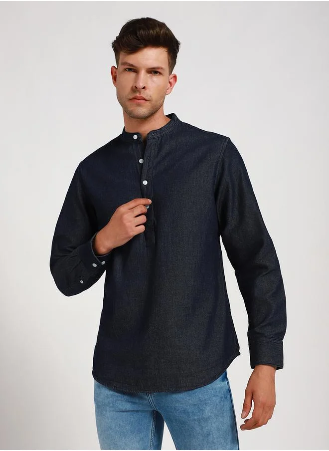 دينيس لينغو Mandarin Collar Casual Shirt with Roll-Up Sleeve by Styli