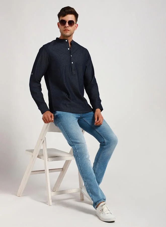 Dennis Lingo Dennis Lingo Mandarin Collar Casual Shirt with Roll-Up Sleeve