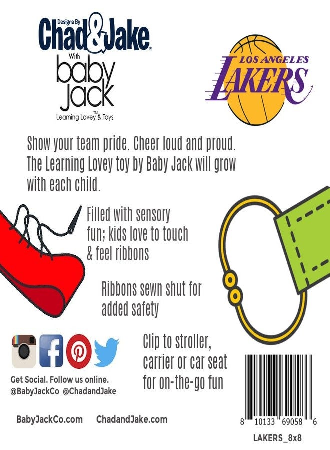The Learning Lovey LA Lakers Baby Tag Toy - NBA Basketball - Baby Sensory Crinkle Toys - Soft & Safe - Ideal Baby Stroller Toy - BPA Free w/Stroller Clip (8" x 8" Tag Toy) - Image 4