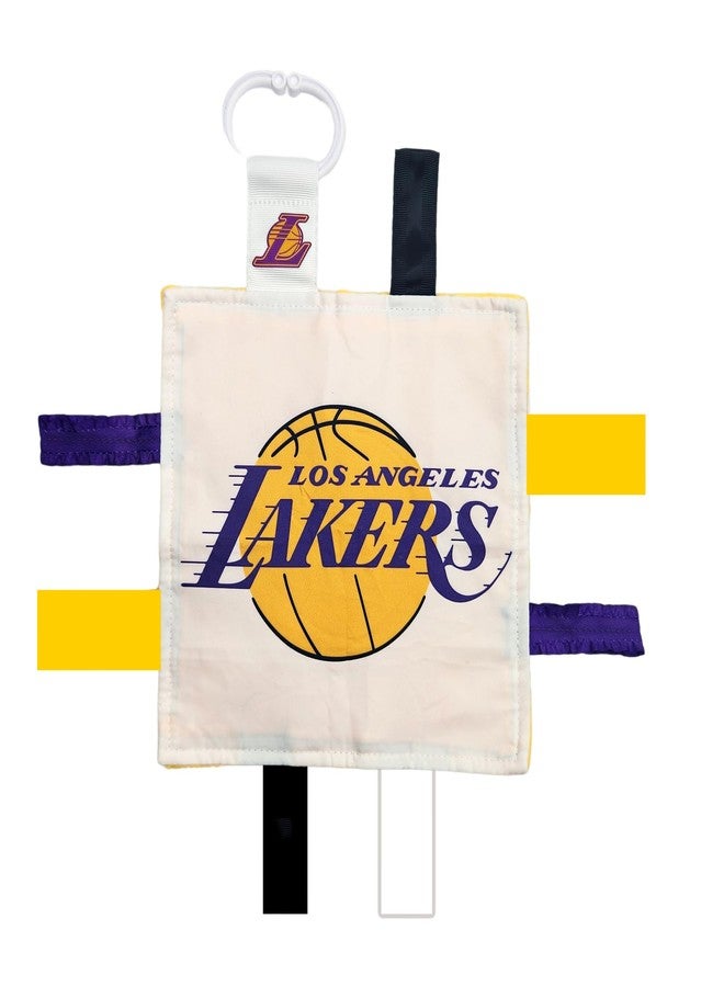 The Learning Lovey LA Lakers Baby Tag Toy - NBA Basketball - Baby Sensory Crinkle Toys - Soft & Safe - Ideal Baby Stroller Toy - BPA Free w/Stroller Clip (8" x 8" Tag Toy) - Image 1