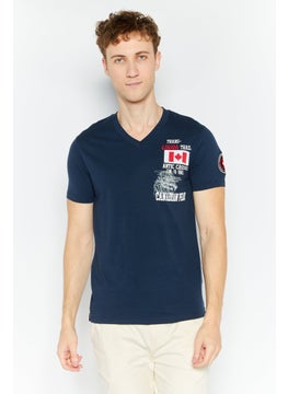 Canadian Peak Men V Neck Short Sleeves Graphic Printed T-Shirt, Navy Combo  - Image 1
