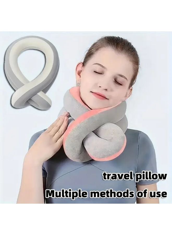 Gray Beige Ergonomic Travel Neck Pillow With Storage Bag For Airplane And Office - Image 1