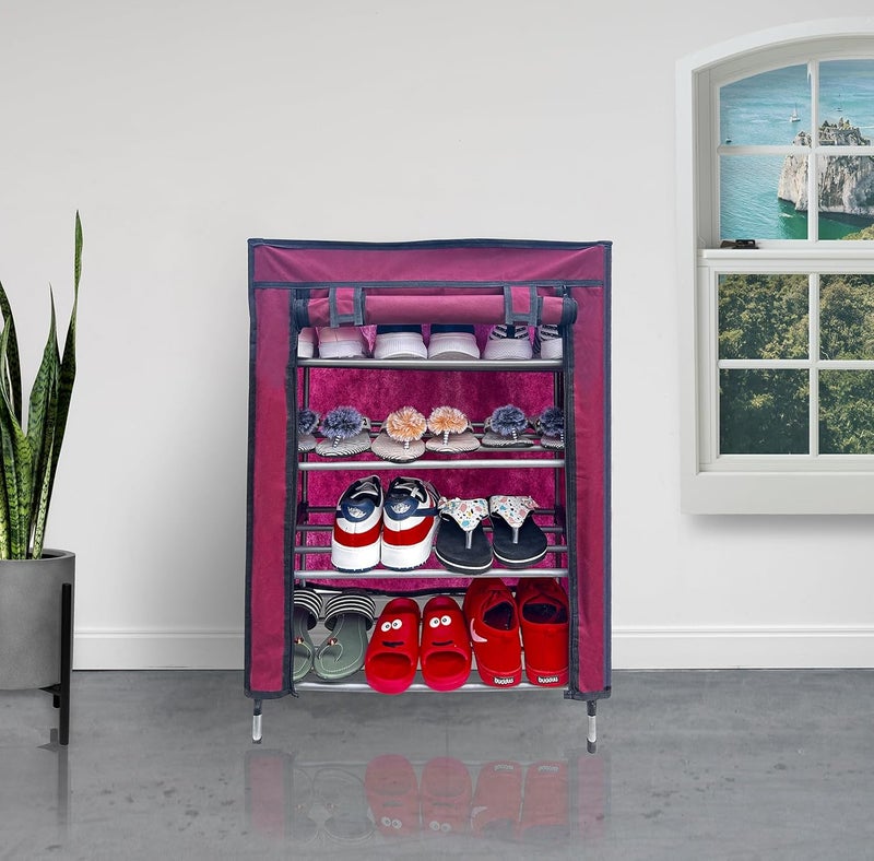 PHILOSHOP 4 Tier Shoe Rack with Dustproof Cover Shoe Shelf Storage Organizer MaroonMetal - Image 1