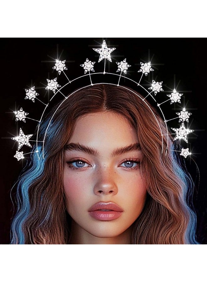 كيلشي عصابة رأس مرصعة بأحجار الراين على شكل نجمة لحفلات الزفاف مع تاج هالة من الكريستال على شكل إلهة للنساء والفتيات (فضي) - Image 1