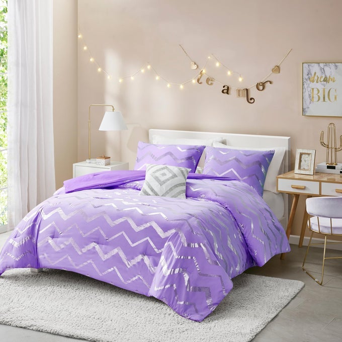TWIN XL BEDDING SET CUTE PURPLE BED SET METALLC PRINT COMFORTER 3 PIECE SETS FOR GIRLS INCLUDES 1 COMFORTER 1 DECORATIVE PILLOW AND 1 PILLOW CASE ALL SEASON LIGHTWEIGHT AND WARM