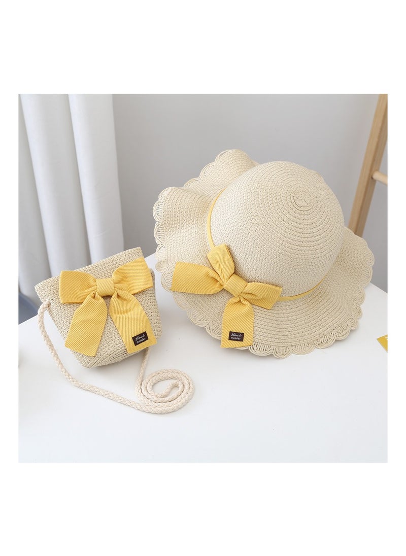 KUYING Summer Children's Sun Protection Hat, Straw Hat Bag set, Large Brim Sun Protection Hat 