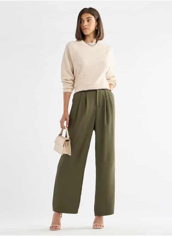 FAV Solid Regular Fit Trousers with Pleat Detail and Pockets