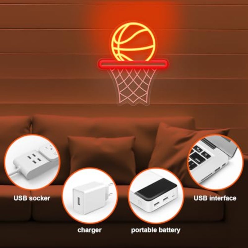 كرة السلة النيون، أدى كرة السلة الرياضة ضوء النيون علامة مدعومة من علامة النيون USB لديكور الجدار، علامات النيون LED عكس الضوء لغرفة المعيشة غرفة نوم رجل الكهف المنزل نادي الكلية متجر البرتقالي والأحمر - Image 4