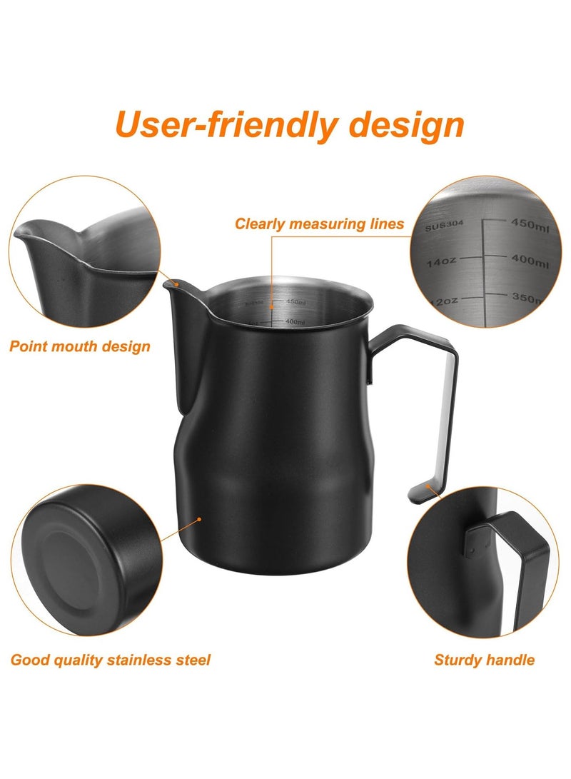 هاي هونور إبريق رغوة الحليب، كوب رغوة الحليب المصنوع من الفولاذ المقاوم للصدأ بسعة 12 أونصة / 350 مل مع مقياس لإبريق تبخير الحليب، إكسسوارات قهوة لاتيه كابتشينو إسبريسو، أسود - Image 3