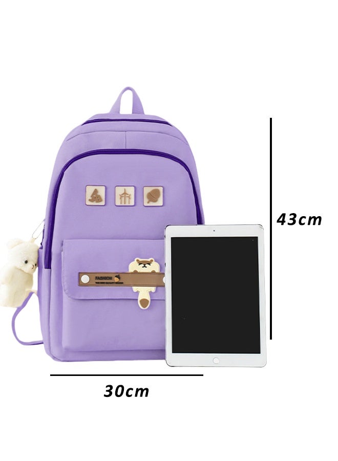 5PCS School Backpack Student Fashion Casual Backpack with Pendant Cute Canvas Bag School Rucksack Campus Backpack Set Book Bag with Compartments Kids' School Bag With Large Capacity (Purple)  - Image 2