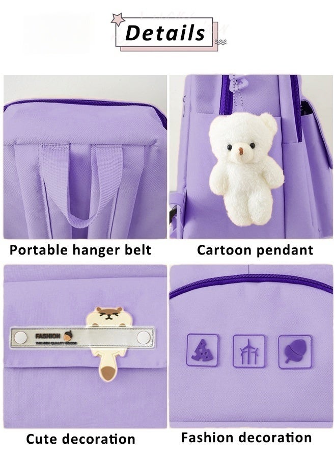 5PCS School Backpack Student Fashion Casual Backpack with Pendant Cute Canvas Bag School Rucksack Campus Backpack Set Book Bag with Compartments Kids' School Bag With Large Capacity (Purple)  - Image 4
