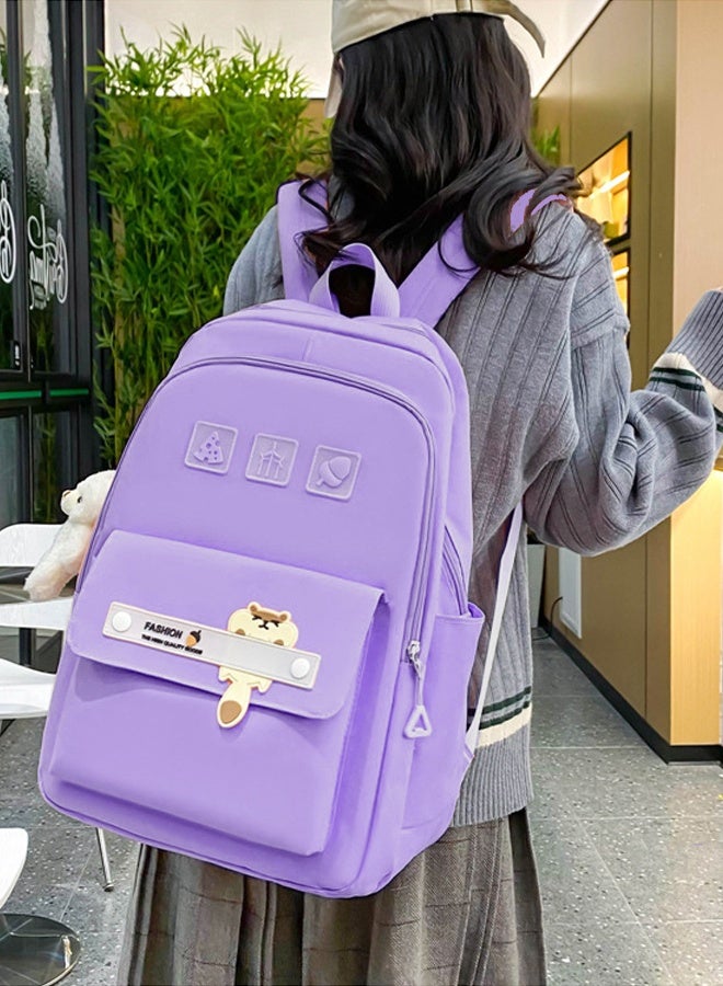 5PCS School Backpack Student Fashion Casual Backpack with Pendant Cute Canvas Bag School Rucksack Campus Backpack Set Book Bag with Compartments Kids' School Bag With Large Capacity (Purple)  - Image 3