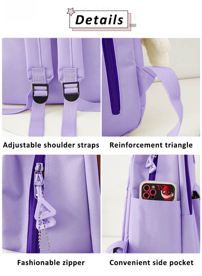 5PCS School Backpack Student Fashion Casual Backpack with Pendant Cute Canvas Bag School Rucksack Campus Backpack Set Book Bag with Compartments Kids' School Bag With Large Capacity (Purple)  - Image 5
