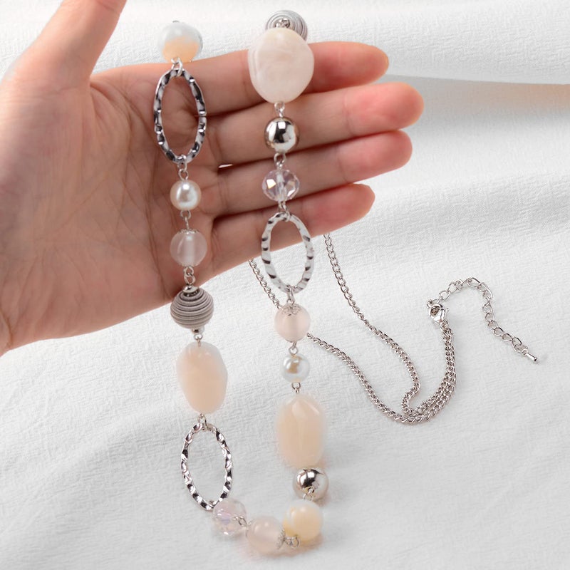 BULINLIN Beaded Long Necklace for Women Silver Sweater Chain Necklace with Crystal Resin Beads, Fashion Jewelry Necklace(White) - Image 4