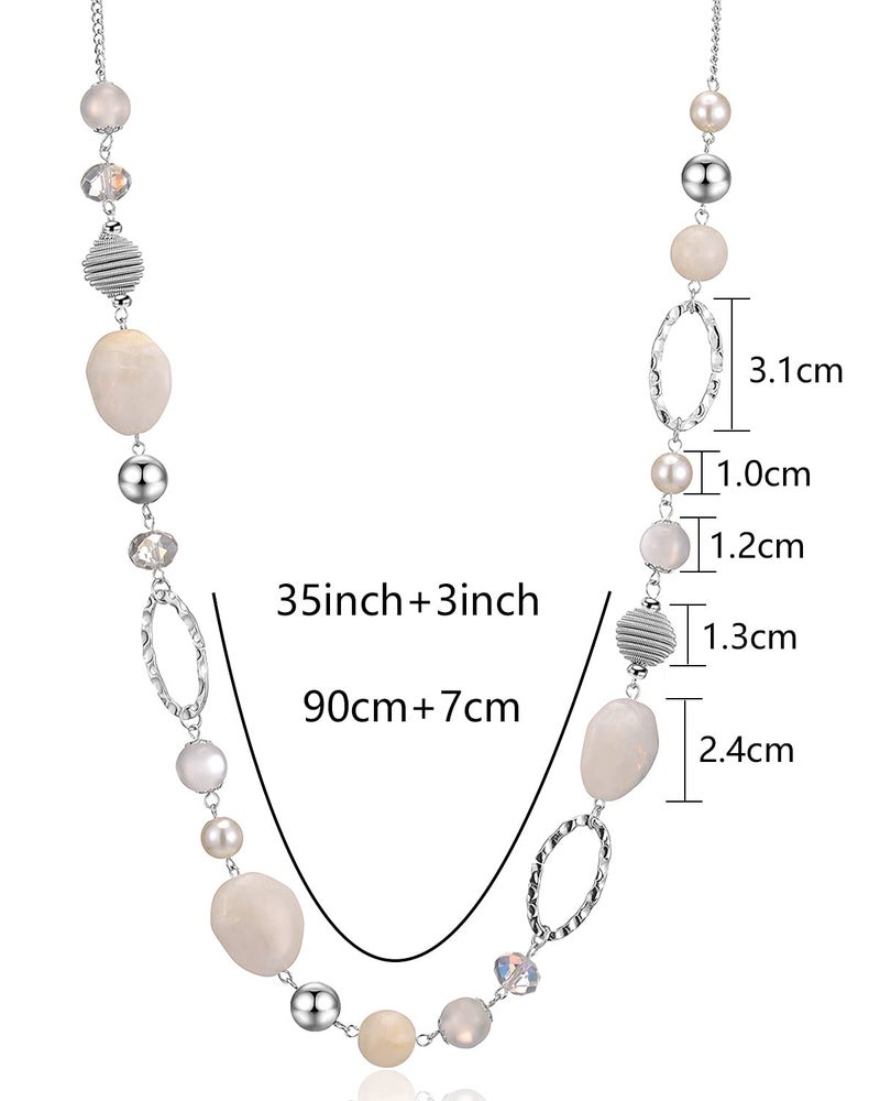 BULINLIN Beaded Long Necklace for Women Silver Sweater Chain Necklace with Crystal Resin Beads, Fashion Jewelry Necklace(White) - Image 5