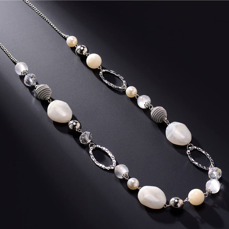BULINLIN Beaded Long Necklace for Women Silver Sweater Chain Necklace with Crystal Resin Beads, Fashion Jewelry Necklace(White) - Image 3