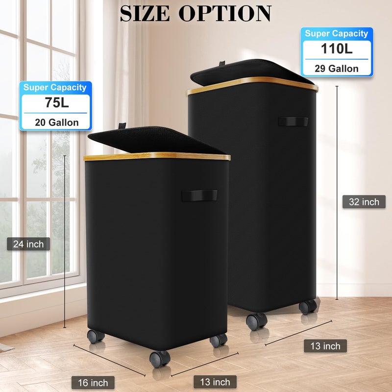 Wuevu Laundry Hamper with Wheels,20 Gal (75L) Laundry Basket with lid Rolling Clothes Hamper Foldable Dirty Clothes Basket on wheels with Bamboo Frame and Bag for Bedroom, Dorm, Laundry Room-Black - Image 4