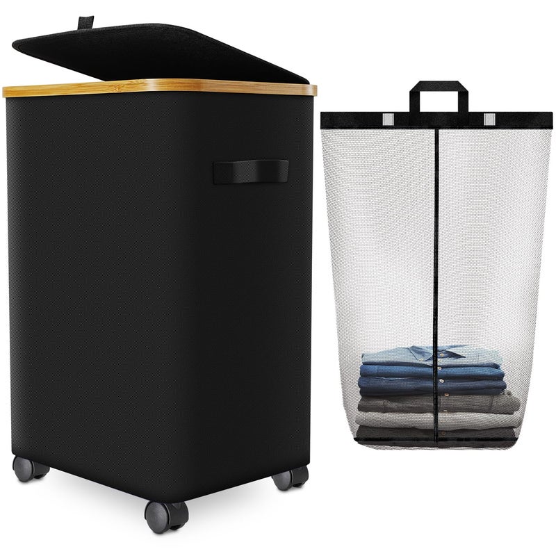 Wuevu Laundry Hamper with Wheels,20 Gal (75L) Laundry Basket with lid Rolling Clothes Hamper Foldable Dirty Clothes Basket on wheels with Bamboo Frame and Bag for Bedroom, Dorm, Laundry Room-Black - Image 1