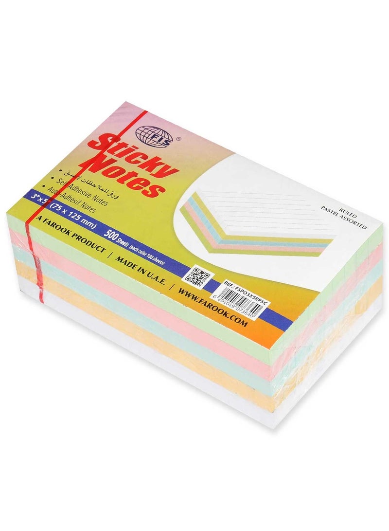FIS Sticky Note Pad, 3X5 inches, Pack of 5, Ruled  5 Assorted Pastel Color -FSPO3X5RP5C - Image 1