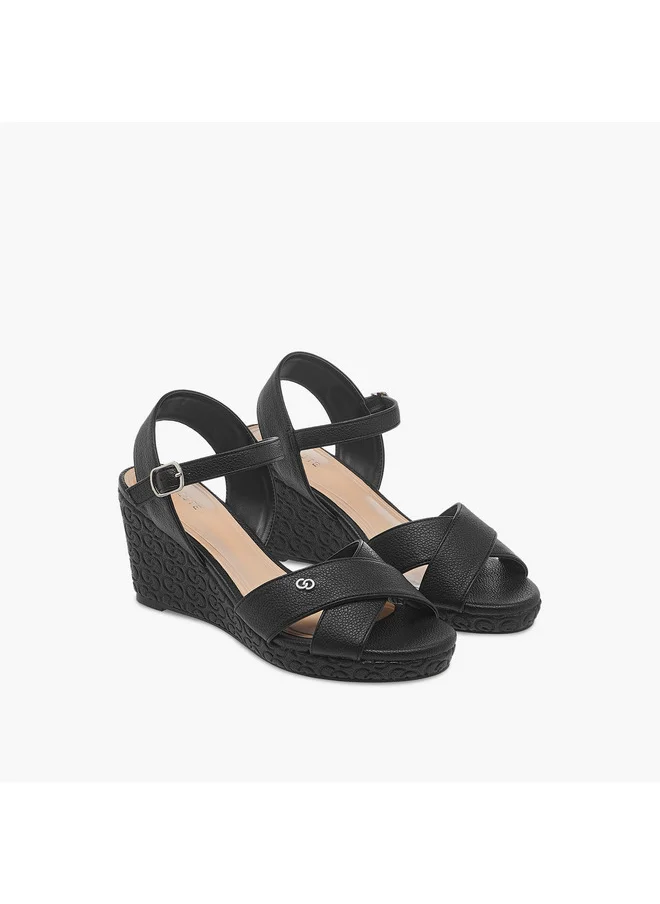 Celeste Women's Monogram Detail Wedge Heeled Sandals with Buckle Closure - J00412-022