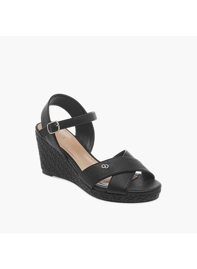 Celeste Women's Monogram Detail Wedge Heeled Sandals with Buckle Closure - J00412-022