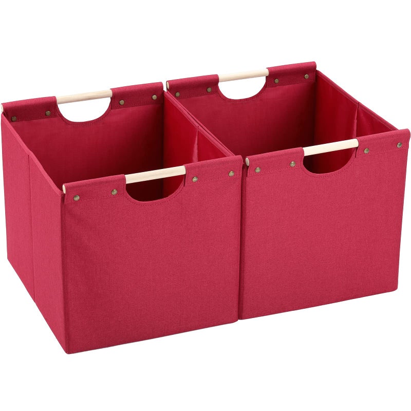 HOONEX HOONEX Large Collapsible Storage Bins Linen Fabric Pack of 2 Storage Baskets with Wooden Carry Handles and Sturdy Heavy Cardboard for Home Office Car Nursery Red