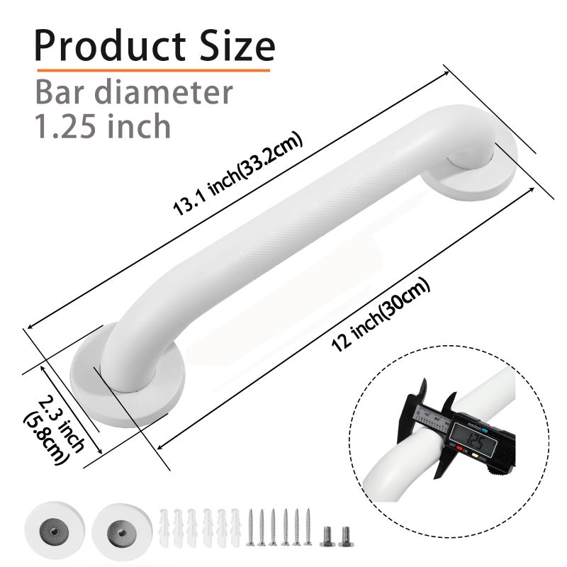 Rackickyer Shower Grab Bar, 2 Pack 12 Inch White Bathroom Grab Bar, 1.25" Diameter 304 Stainless Steel Anti-Slip Grab Bars for Bathtubs and Showers, Handicap Shower Grab Bar for Seniors Elderly - Image 2