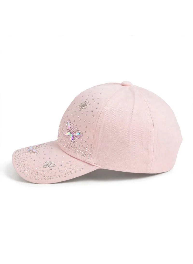 Mobcos Women's Luxury Embellished Baseball Cap, Elegant Adjustable Fashion Hat for Casual Wear & Travel | Blush Rhinestone Floral