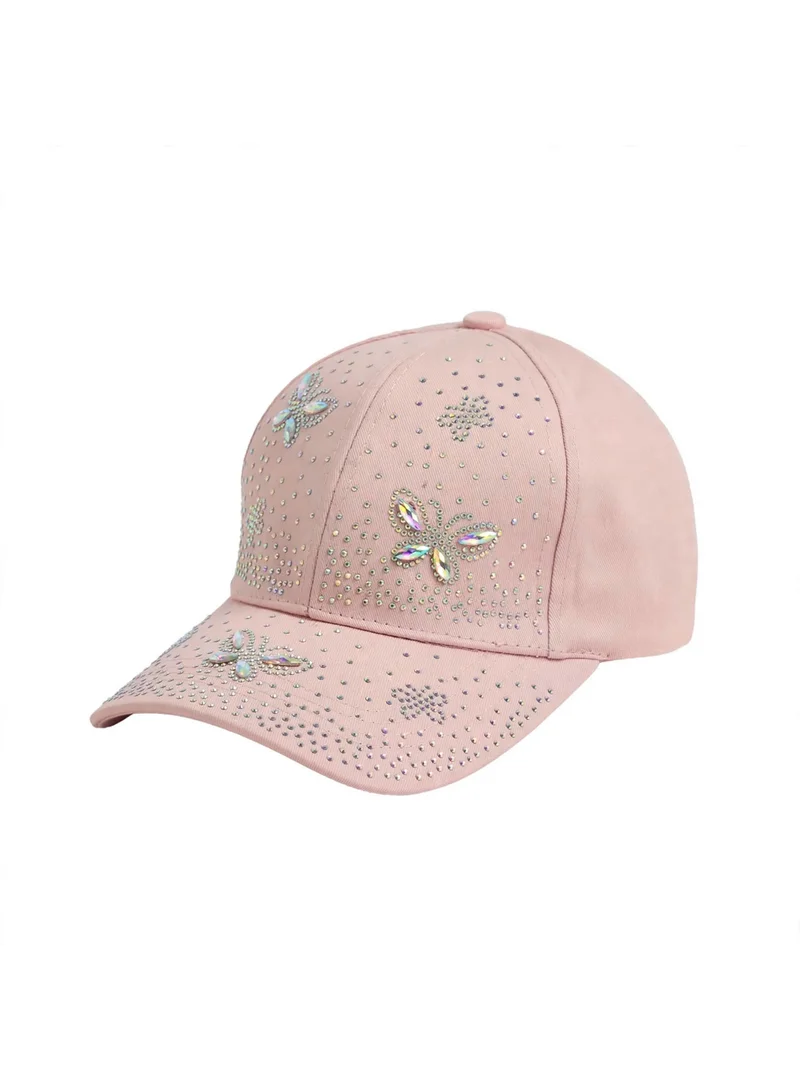 Mobcos Women's Luxury Embellished Baseball Cap, Elegant Adjustable Fashion Hat for Casual Wear & Travel | Blush Rhinestone Floral