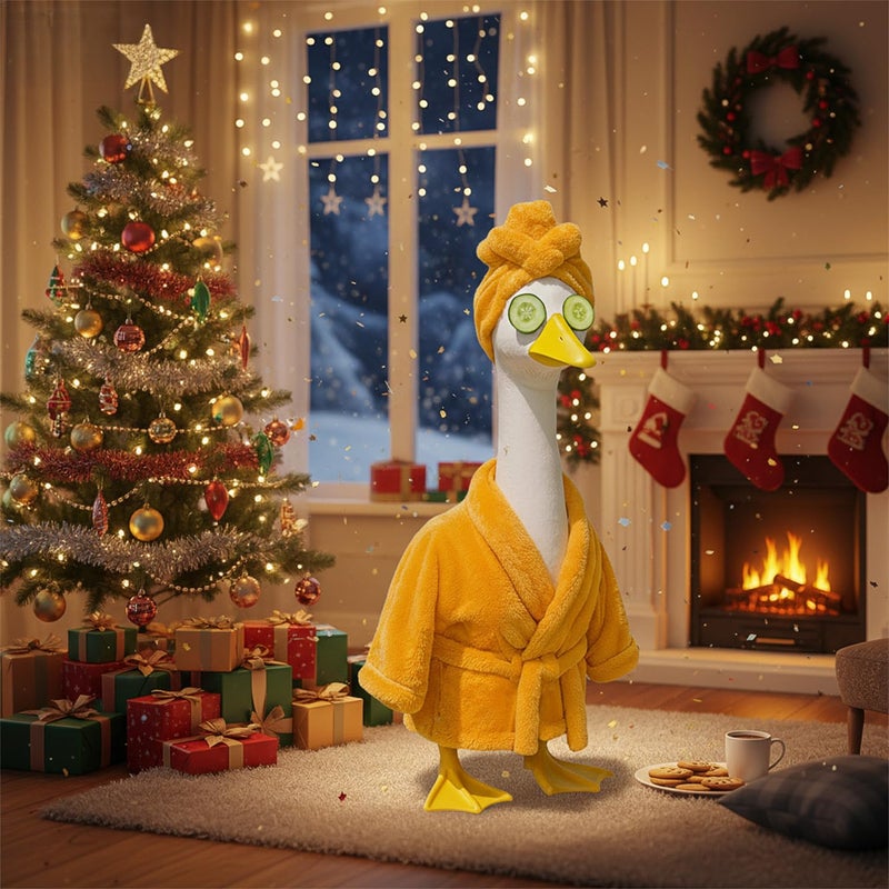 Fanfoobi Porch Goose Outfit Set with Bathrobe Shower Cap Cucumber Eye Mask Funny Goose Clothes for 23" Cement Plastic Lawn Statue Halloween Christmas Birthday Outdoor Garden Yard Patio Decoration (Yellow) - Image 4