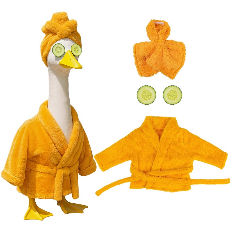 Fanfoobi Porch Goose Outfit Set with Bathrobe Shower Cap Cucumber Eye Mask Funny Goose Clothes for 23" Cement Plastic Lawn Statue Halloween Christmas Birthday Outdoor Garden Yard Patio Decoration (Yellow) - Image 1