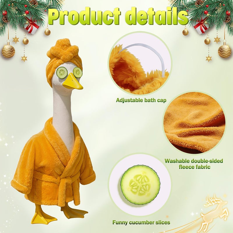 Fanfoobi Porch Goose Outfit Set with Bathrobe Shower Cap Cucumber Eye Mask Funny Goose Clothes for 23" Cement Plastic Lawn Statue Halloween Christmas Birthday Outdoor Garden Yard Patio Decoration (Yellow) - Image 2