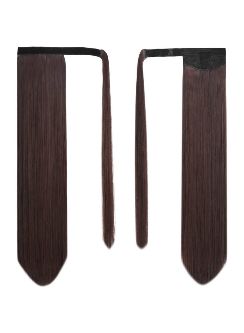 Estelle Long Straight Wrap Ponytail Extension， Around Clip in Synthetic Fiber Hair Ponytail for Women， Darkest Brown Mix Dark Auburn Evenly - Image 2