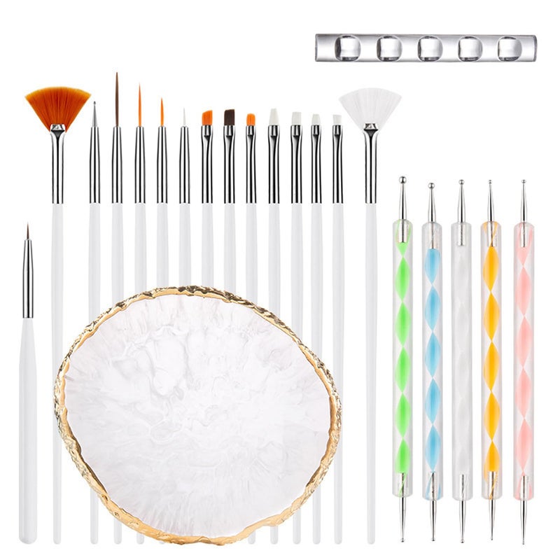 HomTop Nail Art Brush 22 Piece Set, 2 Way Acrylic Silicone Engraving Pen Dotting Pen Tools Nail Art Kit, Resin Nail Art Palette, For Nail Art DIY Home Salon Makeup Display Board (White) - Image 1
