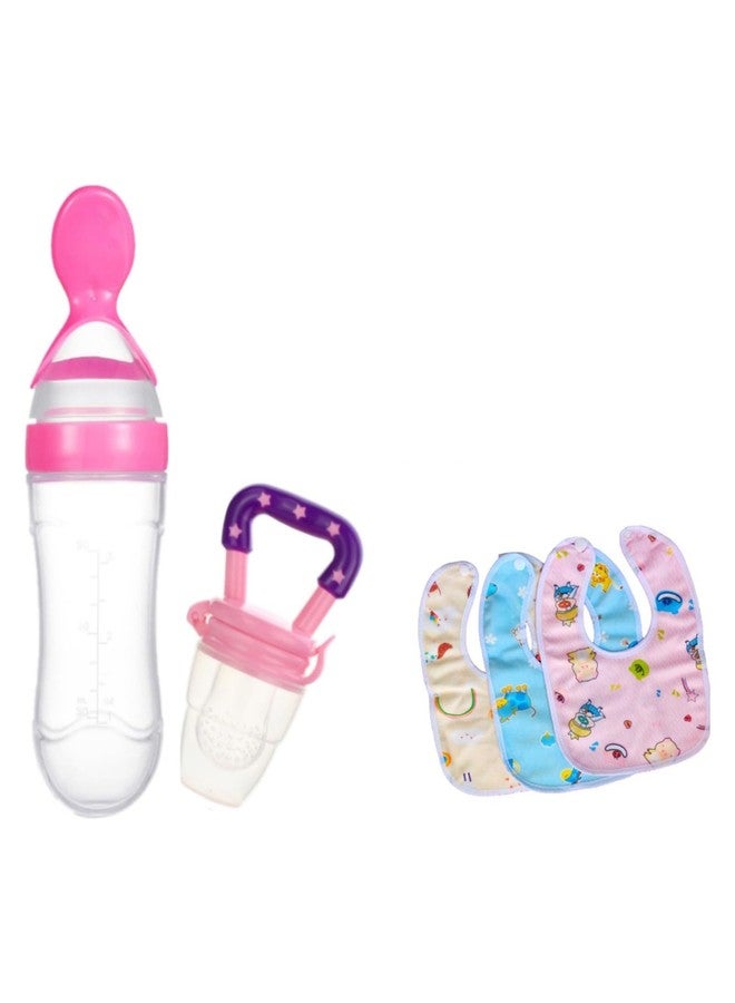 Joy Buzz Baby Feeding Product | Fruit Feeder Teether (1 Pcs) with 1 PCS Silicone Baby Food Dispensing Spoon 90ML and 3 Pcs Bib Set Combo Pack (Set of 5 Pink) - Image 1