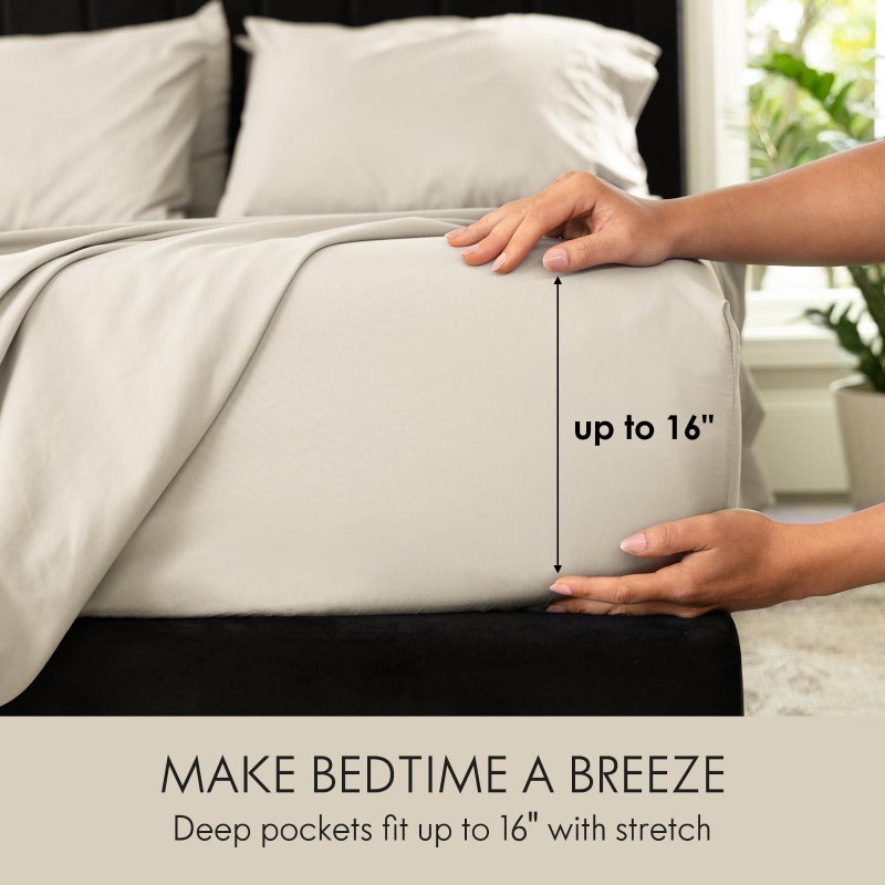 ClevaHome Queen Size Sheet Set - 6 Piece Soft Breathable Luxury Bed Sheet Set - Shrinkage & Fade Resistant Embroidered Bedding Sheet with Deep Pocket, 2 Extra Pillowcases (Queen, Oat Milk) - Image 2