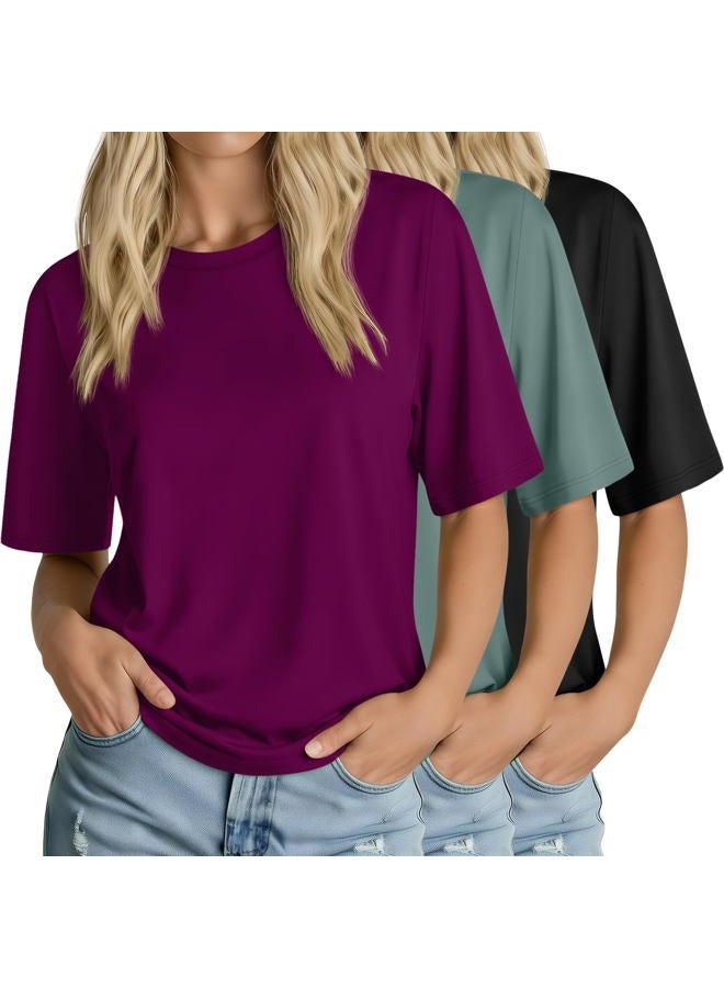 Huukeay 3 Pack Women's Crew Neck T Shirts, Half Sleeve Casual Tee Cotton Loose Basic Top Solid Summer Classic Tunic Tops 2025, Black, Gray Green, Burgundy Purple, M - Image 1