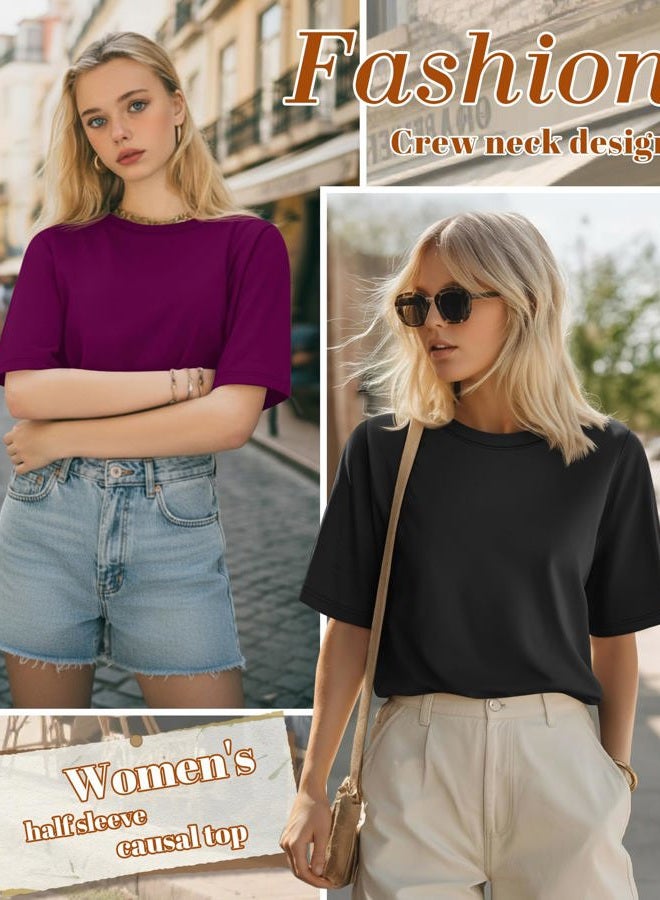 Huukeay 3 Pack Women's Crew Neck T Shirts, Half Sleeve Casual Tee Cotton Loose Basic Top Solid Summer Classic Tunic Tops 2025, Black, Gray Green, Burgundy Purple, M - Image 4