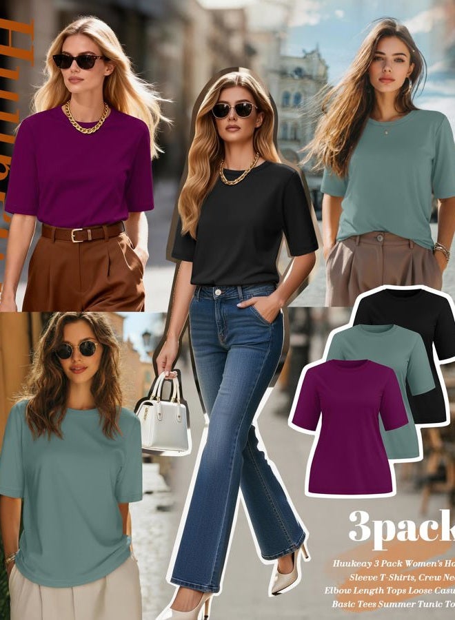 Huukeay 3 Pack Women's Crew Neck T Shirts, Half Sleeve Casual Tee Cotton Loose Basic Top Solid Summer Classic Tunic Tops 2025, Black, Gray Green, Burgundy Purple, M - Image 3