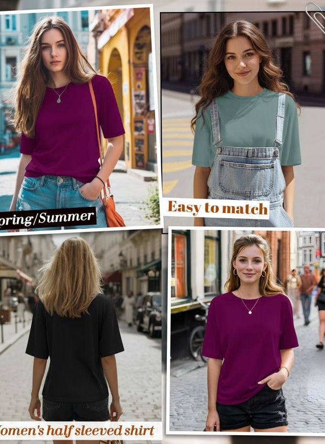 Huukeay 3 Pack Women's Crew Neck T Shirts, Half Sleeve Casual Tee Cotton Loose Basic Top Solid Summer Classic Tunic Tops 2025, Black, Gray Green, Burgundy Purple, M - Image 2