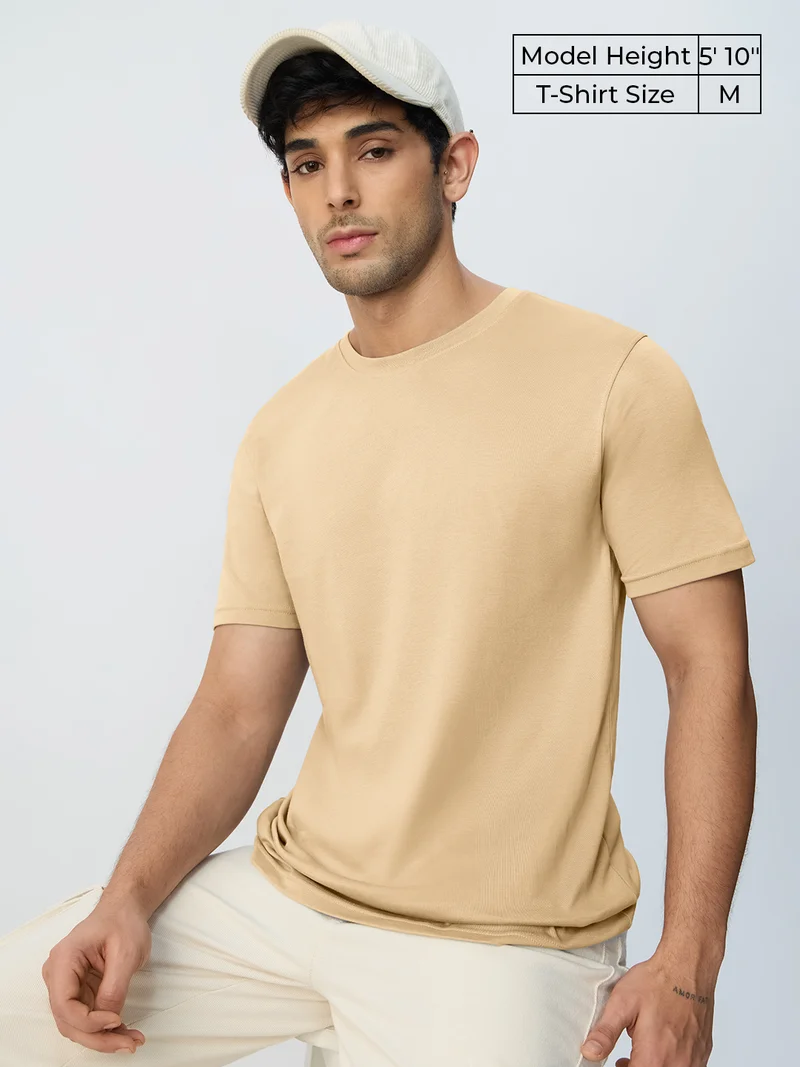 ذا سوليد ستور The Souled Store Supima: Oat Milk Men and Boys Short Sleeves Round Neck Solid Cotton Regular Fit Breathable Lightweight Everyday Comfortable All-Season T-Shirt