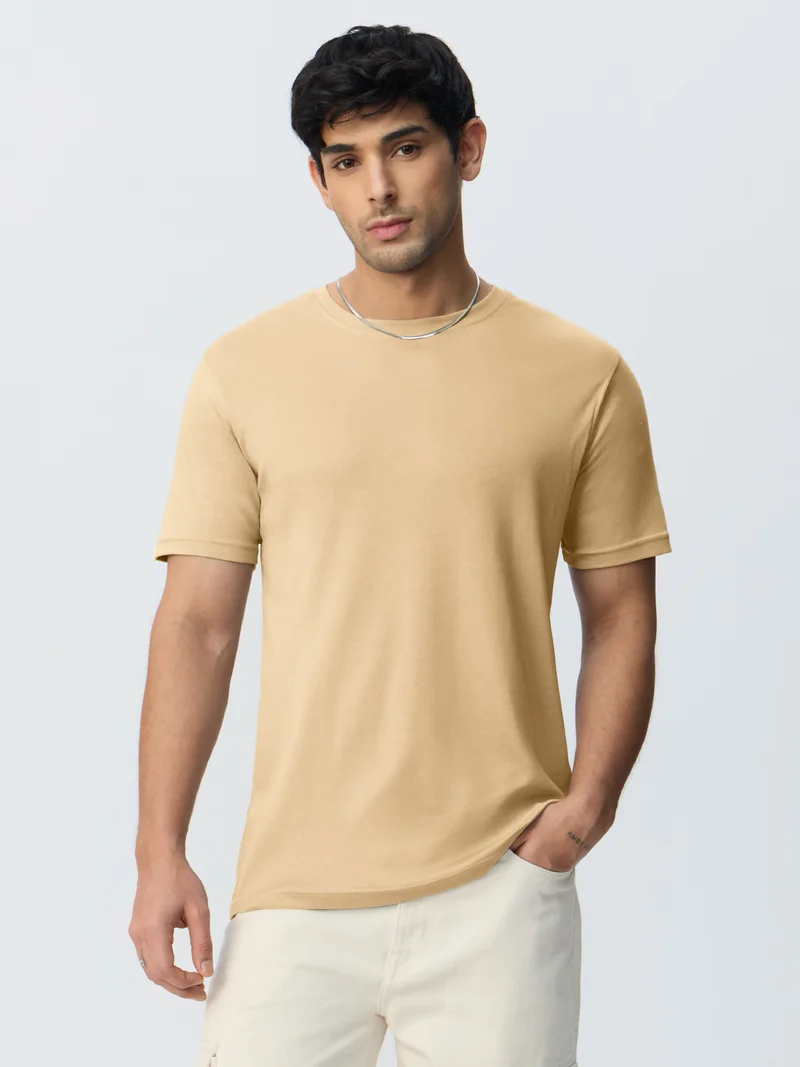 ذا سوليد ستور The Souled Store Supima: Oat Milk Men and Boys Short Sleeves Round Neck Solid Cotton Regular Fit Breathable Lightweight Everyday Comfortable All-Season T-Shirt