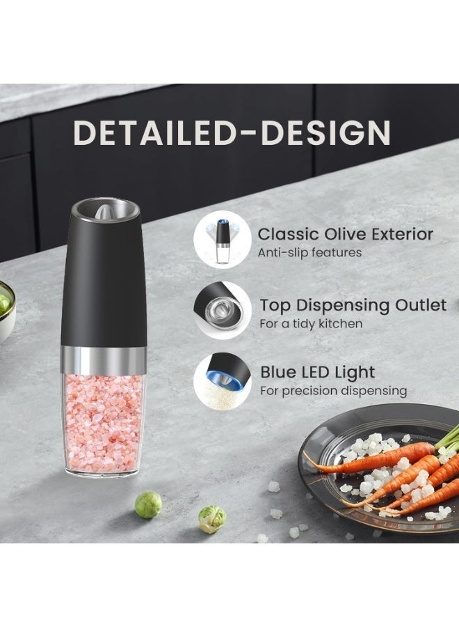 SFENG Automatic electric gravity salt and pepper shaker set, battery powered salt and pepper grinder set, fully automatic pepper and salt grinder with LED light adjustable roughness, 2 packs (black) - Image 5