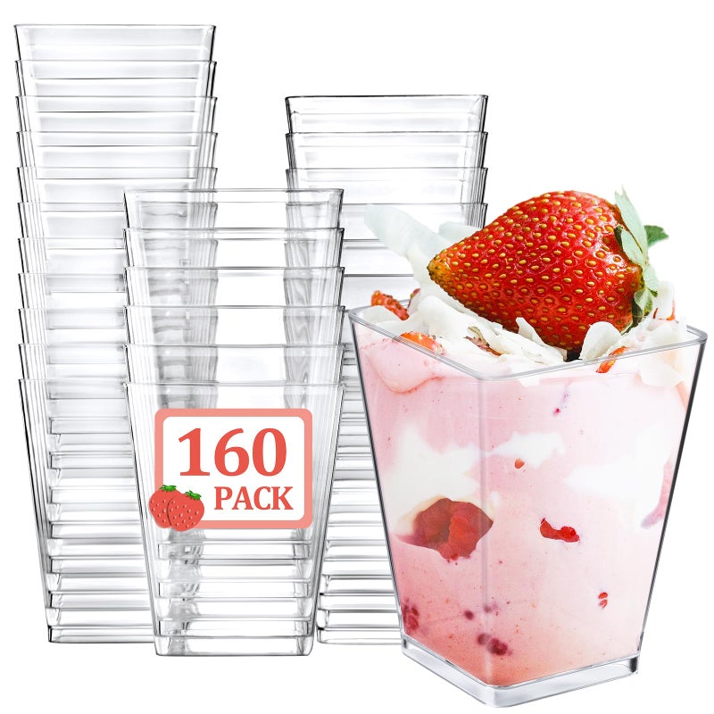 Eupako 160 Pack 5 OZ Plastic Mini Dessert Cups - Clear Small Parfait Cups, Square Appetizer Cups for Fruit, Pudding, Mousse, Ice Cream, Party, Wedding, Valentine's Day - Image 1