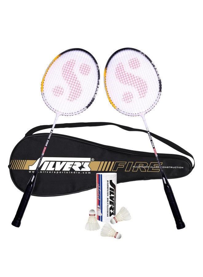 Silvers Silver's FIRE Badminton Kit (2 Racquets with Full Cover, 1 Box Feather Shuttlecock Pack of 3) FIRE Combo 1 with Feather Shuttle, Black/White - Image 1