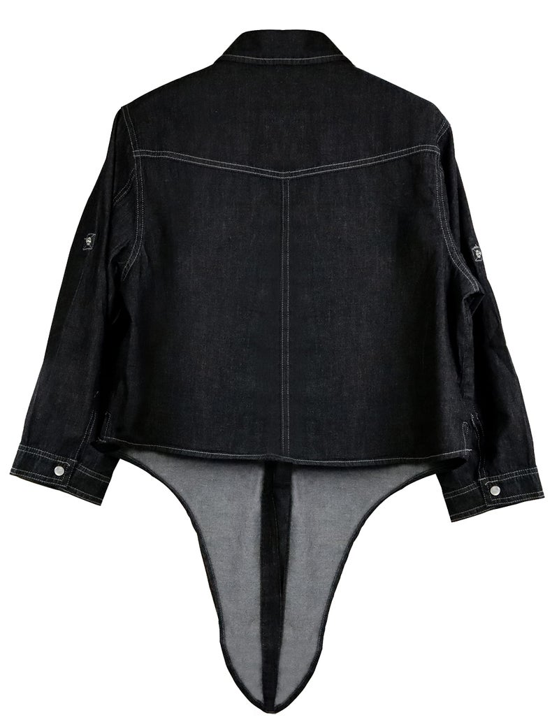 Omoone Women's 3/4 Sleeve Denim Crop Top Tie Knot Shirt Cardigan(0774-Black01-M) - Image 2